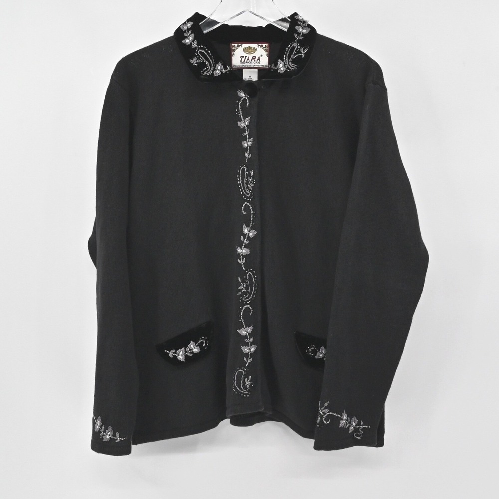 Vtg Beaded Cardigan Sz M Black Embroidered Paisley 90s‎ Y2k TIARA INTERNATIONAL